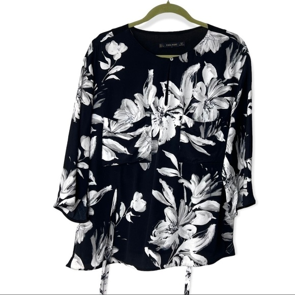 Zara Basic Black and White Floral Top. Size Large - Picture 1 of 12